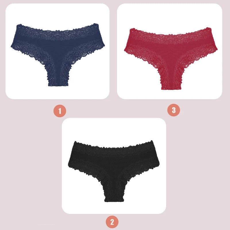 3PCS Lace Seamless Cotton Panties Ribbed Brazilian Low Waist Women Breathable Panties - BeautiMass