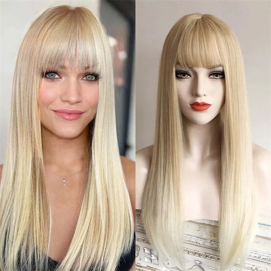 Ombre Platinum Blonde HD Transparent Lace Front Wig With Bangs Glueless Synthetic Wigs Pre Plucked Straight Synthetic Lace Wig BeautiMass