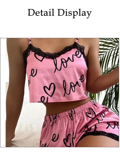 2 Pieces Set Shorts Suit Homewear Print Underwear Pijama Sexy Ladies Sleepwear - BeautiMass