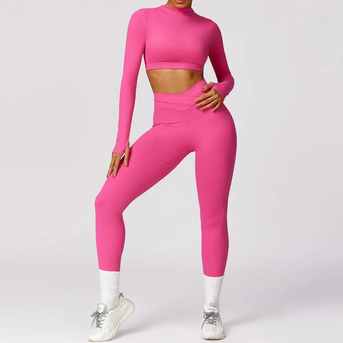 Women Yoga Gym Set 2 Pieces Tracksuits Workout Sports Clothing Fitness Long Sleeve Crop Top High Waist Leggings Sports Suits - BeautiMass