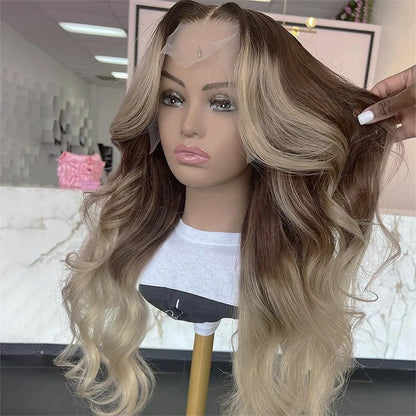 180 Density13x4 Ombre Ash Blonde Body Wave HD Transparent Lace Front Wig Ready To Wear And Go Cosplay Small Meddile Large Size BeautiMass