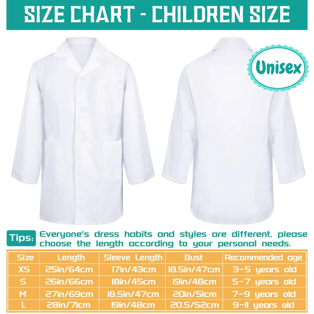 1-12PCS Unisex Child School Lab Coat Scrubs White Doctor Scientist Costume - BeautiMass