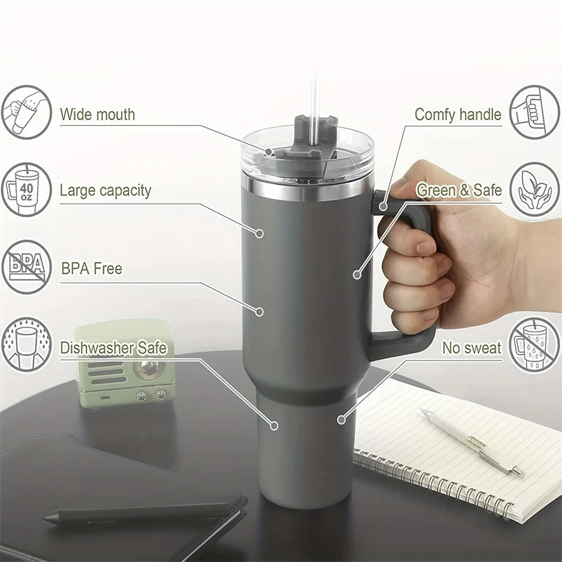 40oz Stainless Steel Insulated Water Bottle,Thermal Coffee Car Cup, Cold Hot Mugs Vacuum Flask - BeautiMass