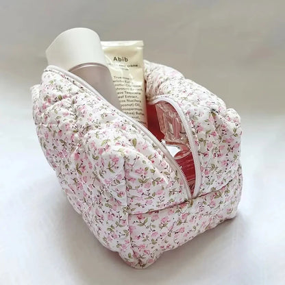 Floral Puffy Quilted Makeup Travel Cosmetic Jewelry Storage Bag - BeautiMass