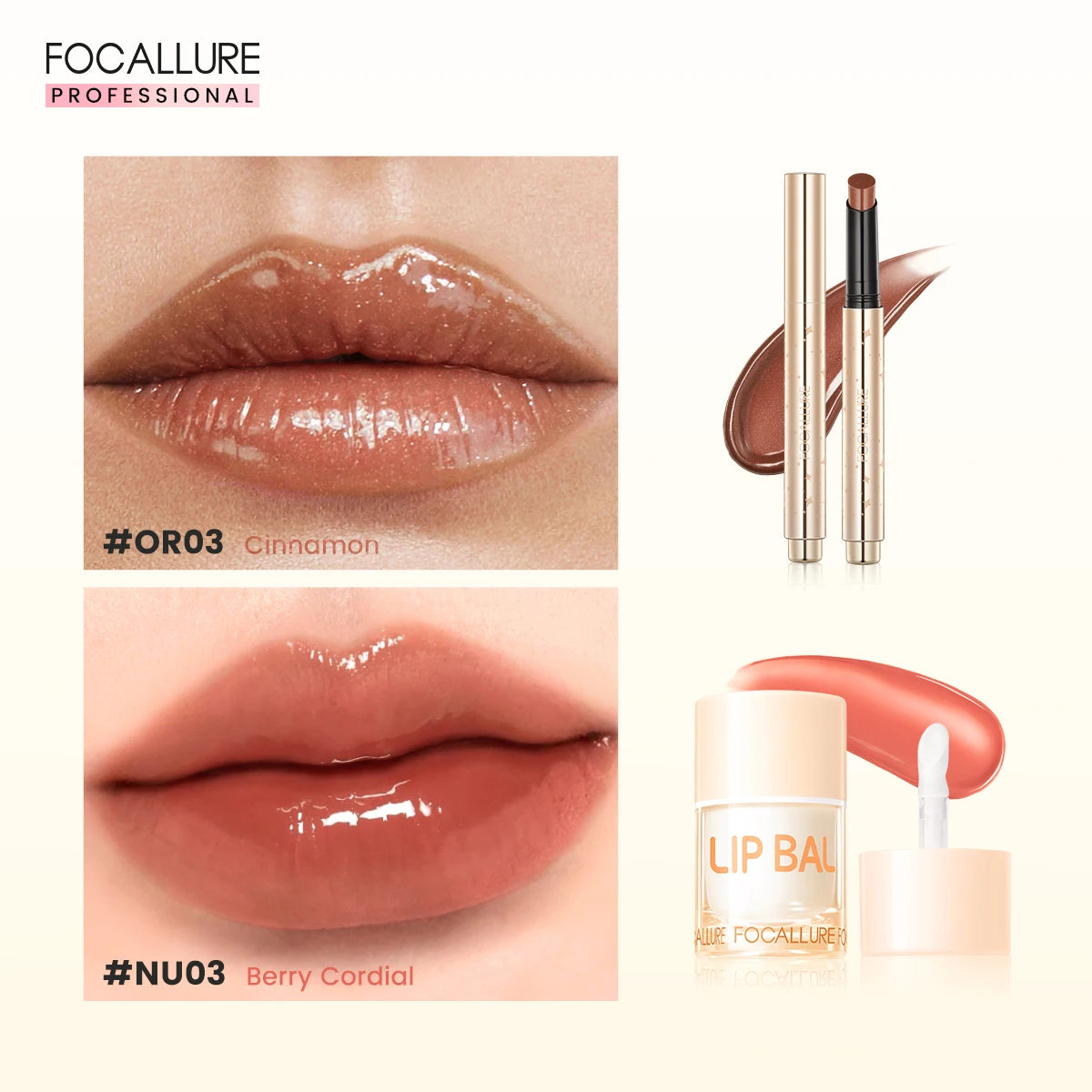 FOCALLURE 2 Pcs Lips Makeup Set Pearlescent Lipstick Pen Non-Sticky Mirror Lip Glosses Moisturizing Lip Balm Lipstick Cosmetics BeautiMass