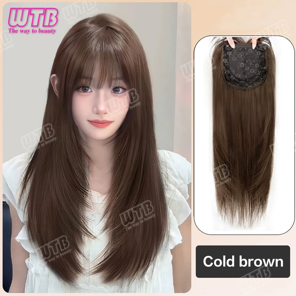 WTB Synthetic Wig Middle Part  Topper Hairpiece with Bangs Clip-In Bangs Extension Natural Invisible Clourse Hairpiece for Women BeautiMass