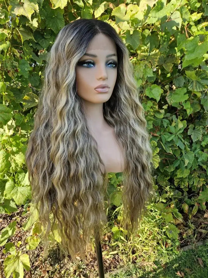 Ombre Ash Blonde Brown Water Wave Lace Front Wig Heat Resistant Fiber Hair Wig Glueless Synthetic Wigs High Quality Women's Wigs BeautiMass