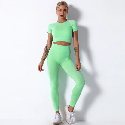 Yoga Sets Gym Women Sport Clothing Short Sleeve Top High Waist Leggings Sports Suit Workout Wear Fitness Suits Sportswear - BeautiMass