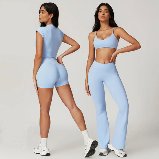 Yoga 2PCS Workout Clothes Short Sleeve Sport Suit Gym Crop Top High Waist Leggings - BeautiMass