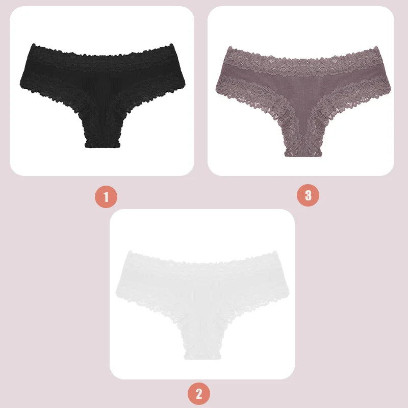 3PCS Lace Seamless Cotton Panties Ribbed Brazilian Low Waist Women Breathable Panties - BeautiMass