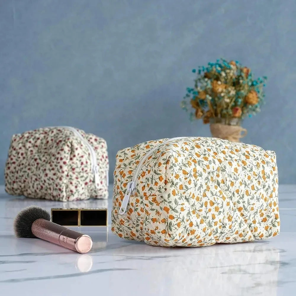 Floral Puffy Quilted Makeup Travel Cosmetic Jewelry Storage Bag - BeautiMass