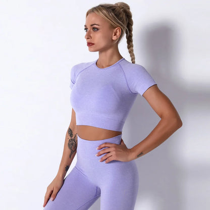 Yoga Sets Gym Women Sport Clothing Short Sleeve Top High Waist Leggings Sports Suit Workout Wear Fitness Suits Sportswear - BeautiMass