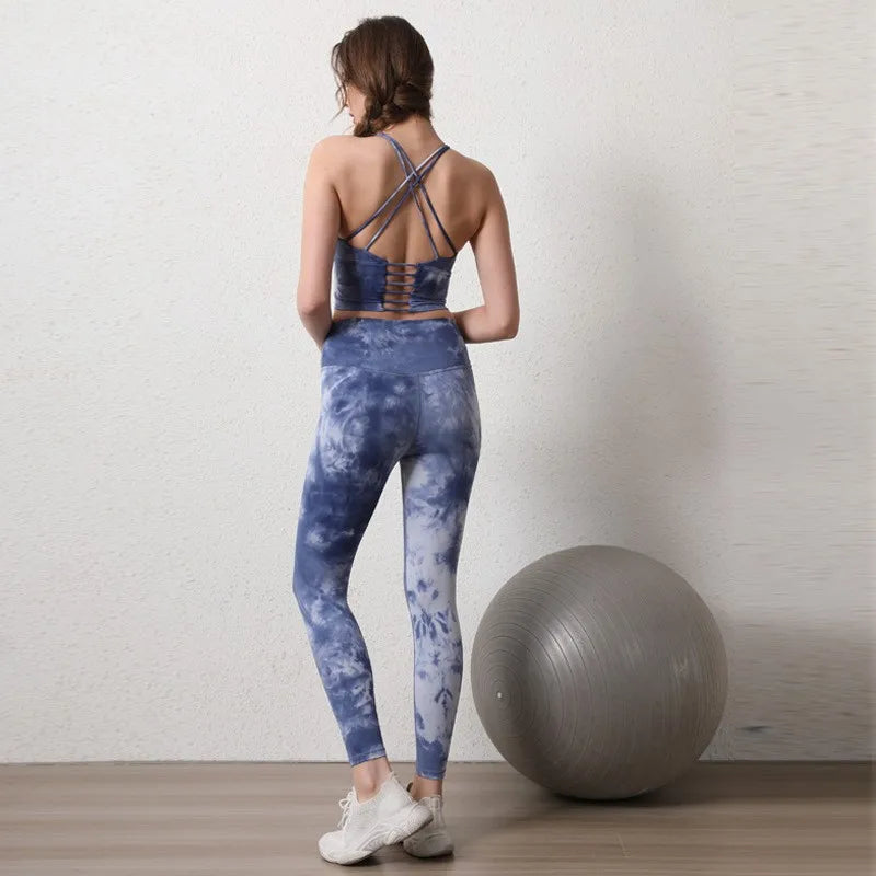 2PCS Seamless Women Yoga Set Workout Sportswear Fitness Crop Top Tie Dye High Waist Leggings - BeautiMass