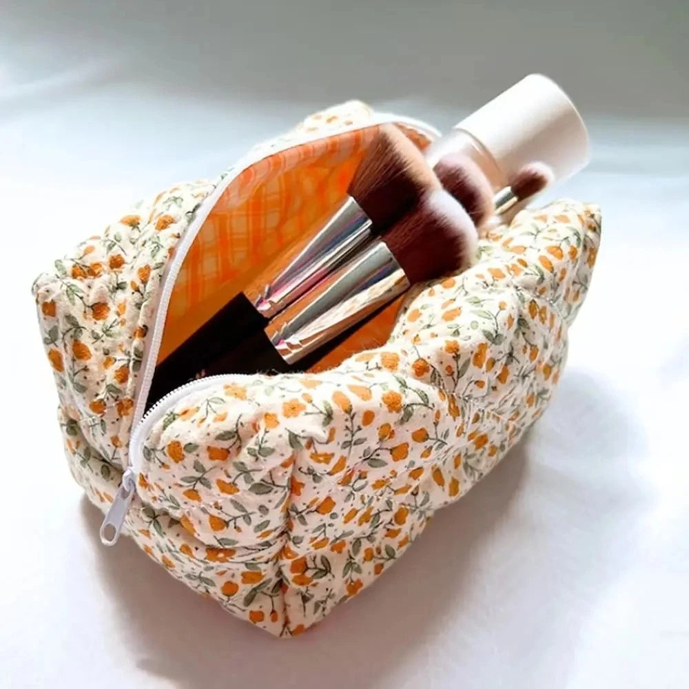 Floral Puffy Quilted Makeup Travel Cosmetic Jewelry Storage Bag - BeautiMass