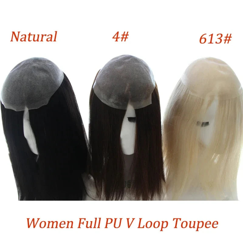 VLoop Straight Toupee Full PU Base European Hair Topper For Women Remy Hairpiece Invisible Durable Replacement System Female Wig BeautiMass