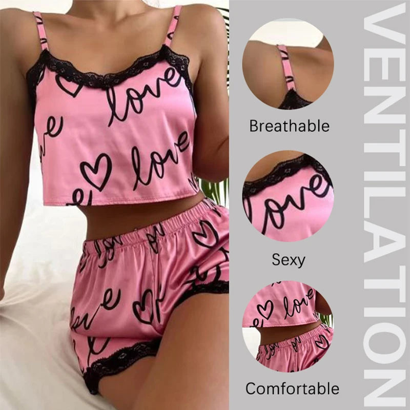 2 Pieces Set Shorts Suit Homewear Print Underwear Pijama Sexy Ladies Sleepwear - BeautiMass