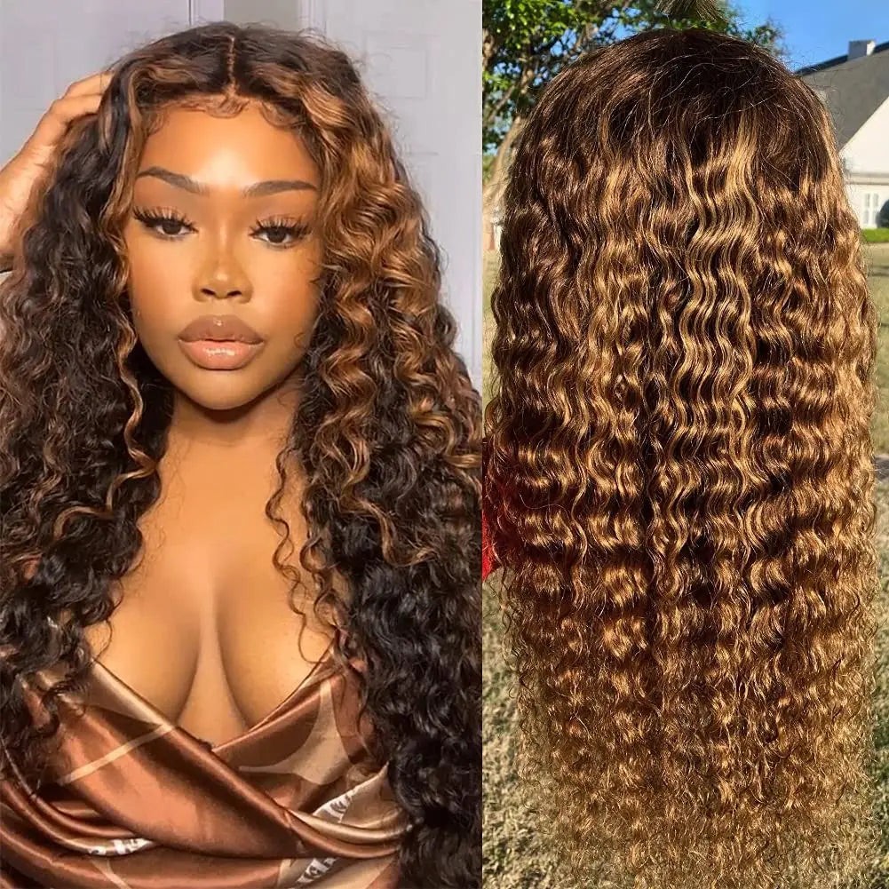 30 Inch Deep Wave 4/27 Highlight Ombre Curly Human Hair 13x5 14x4 Lace Frontal Wig - BeautiMass