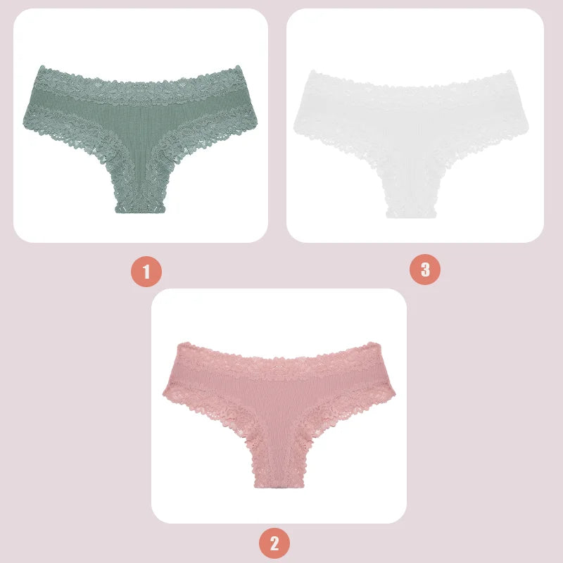 3PCS Lace Seamless Cotton Panties Ribbed Brazilian Low Waist Women Breathable Panties - BeautiMass