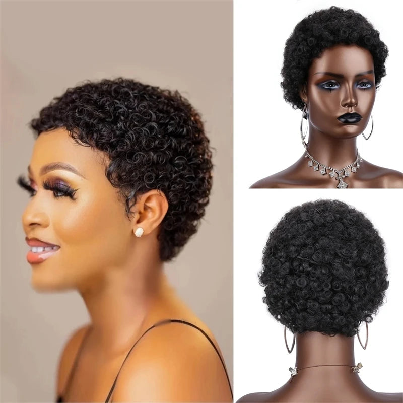 short afro curly black color 150% density pixie cut human hair machine made remy hair wig - BeautiMass