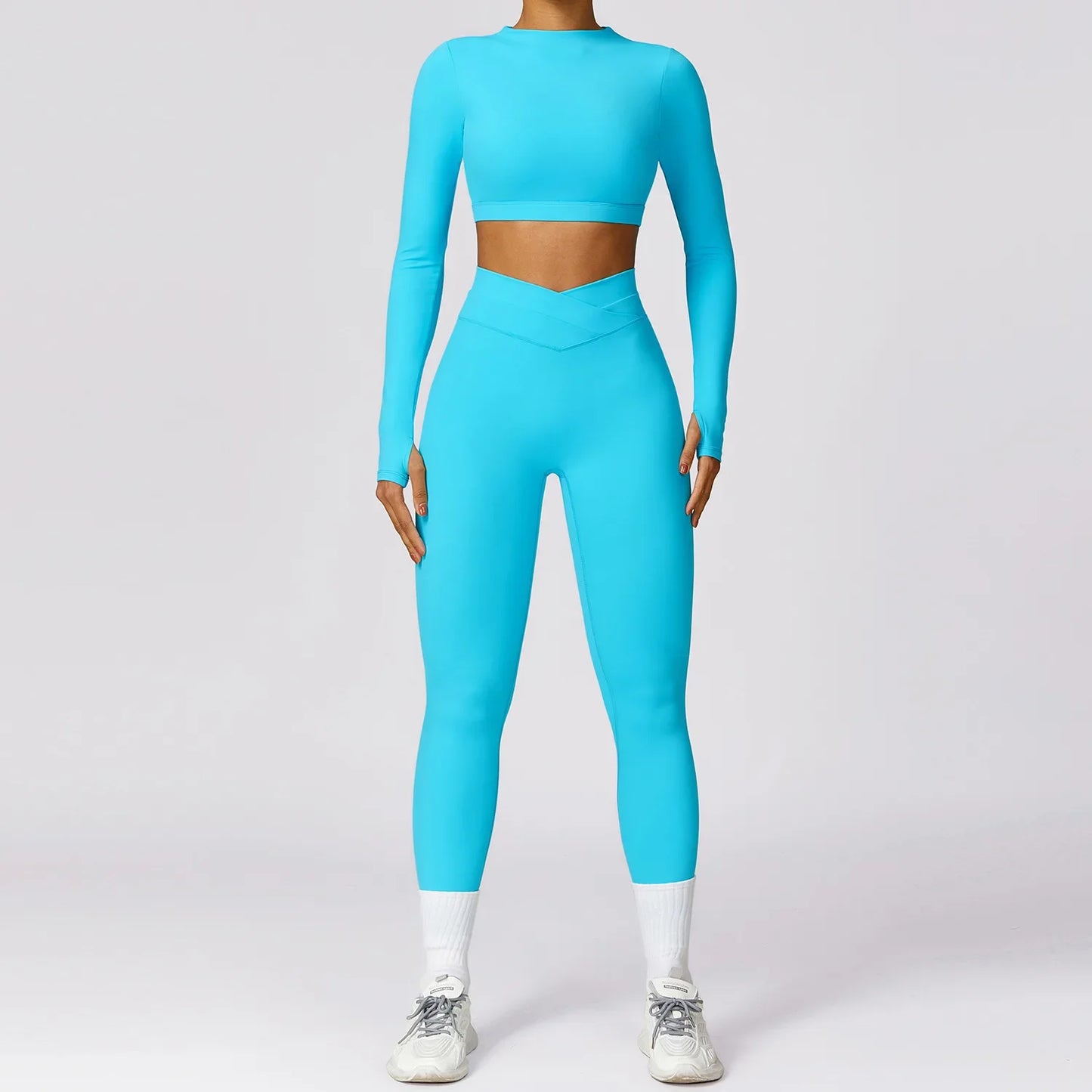 Women Yoga Gym Set 2 Pieces Tracksuits Workout Sports Clothing Fitness Long Sleeve Crop Top High Waist Leggings Sports Suits - BeautiMass