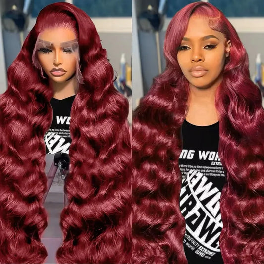 13x4 99J Burgundy Lace Front Wig Body Wave Colored Transparent Lace Wig Peruvian Lace Frontal Wig Human Hair Wigs Red Wigs Remy BeautiMass