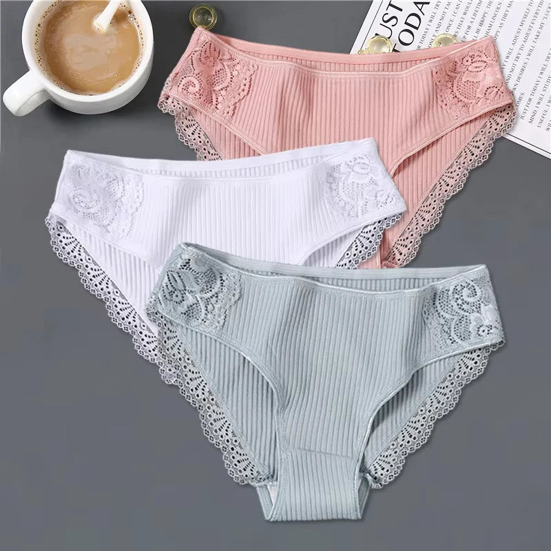 FINETOO 3Pcs/set Women Cotton Low-Rise Underwear Panties Trendy Patchwork Lace Briefs - BeautiMass