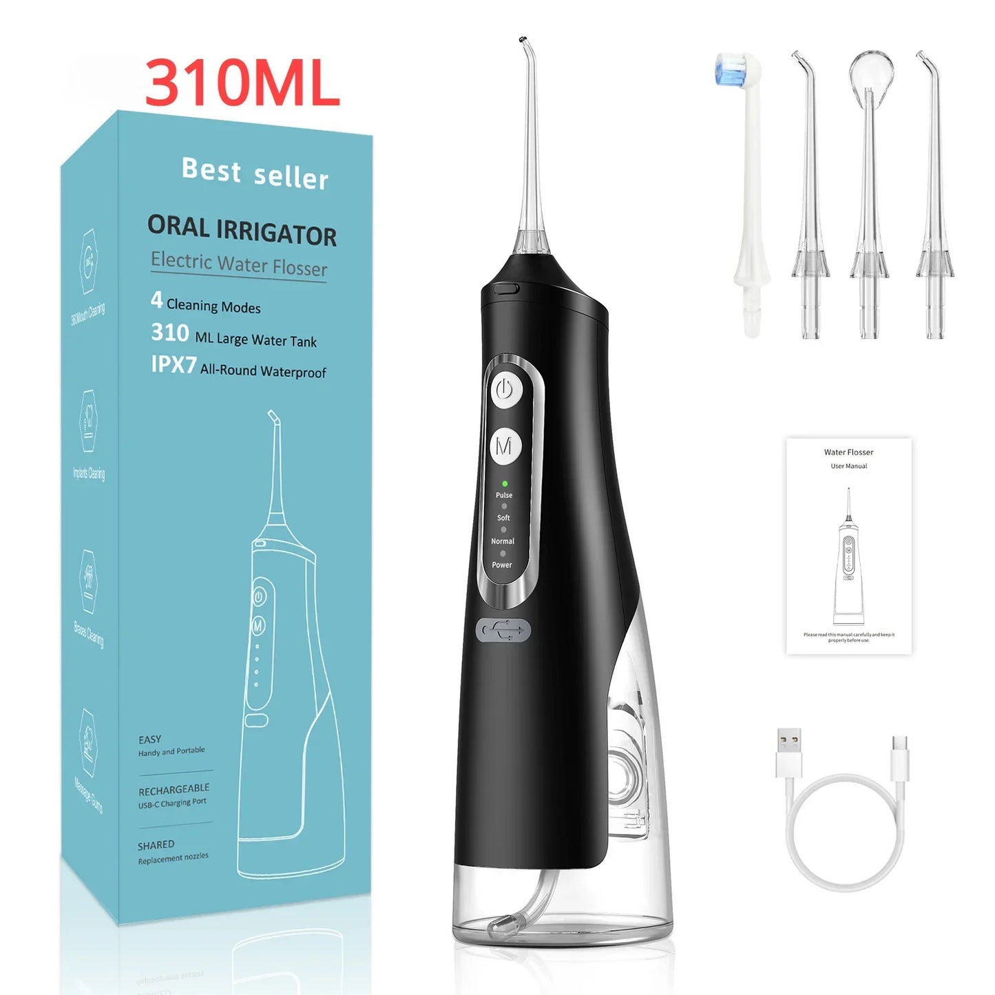 Oral Irrigator USB Rechargeable Water Flosser Portable Dental Water Jet 310ML Water Tank IPX7 Waterproof Teeth Cleaner Travel BeautiMass