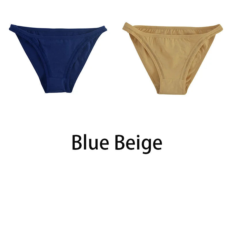 2Pcs/set Women Cotton Panties Mesh Underwear Solid Color Bikini Briefs Underpants - BeautiMass