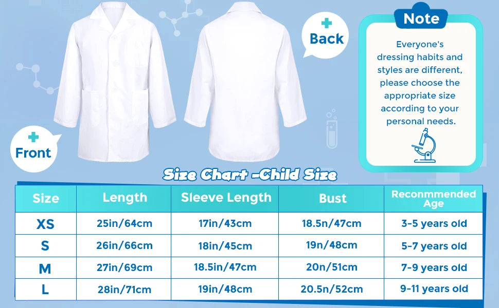 1-12PCS Unisex Child School Lab Coat Scrubs White Doctor Scientist Costume - BeautiMass