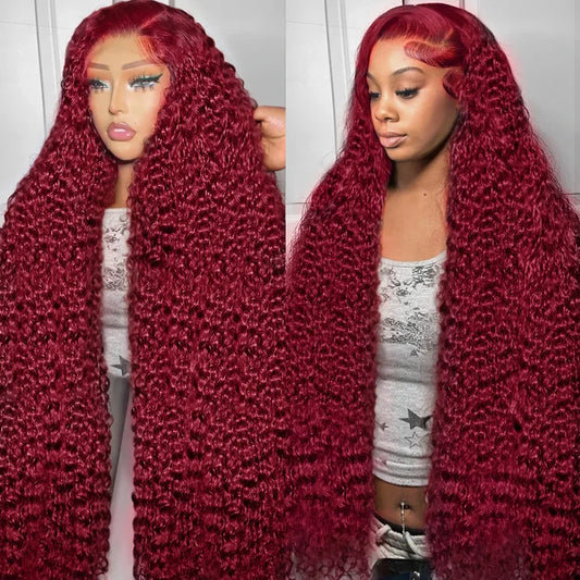 99J Deep Wave 200% Burgundy Curly Brazilian Red Colored Hair 13x4 13×6 HD Transparent Lace Front Human 34 36 Inches Remy Hair BeautiMass