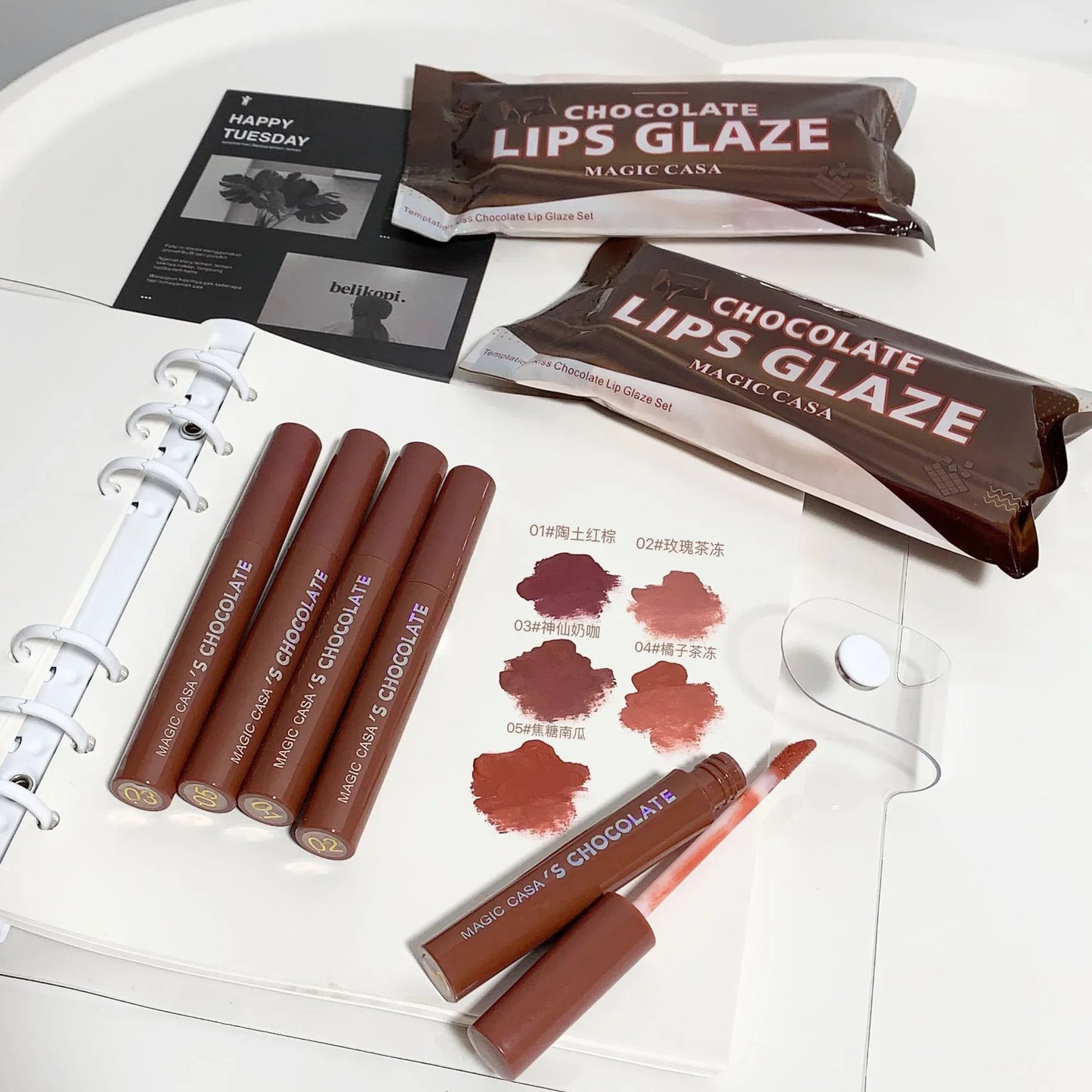 5Pcs/Set Chocolate Color Lip Glaze Tint Velvet Matte Lipstick Korean Cosmetics Long-lasting Lip Gloss Lipstick Milk Coffee Color BeautiMass