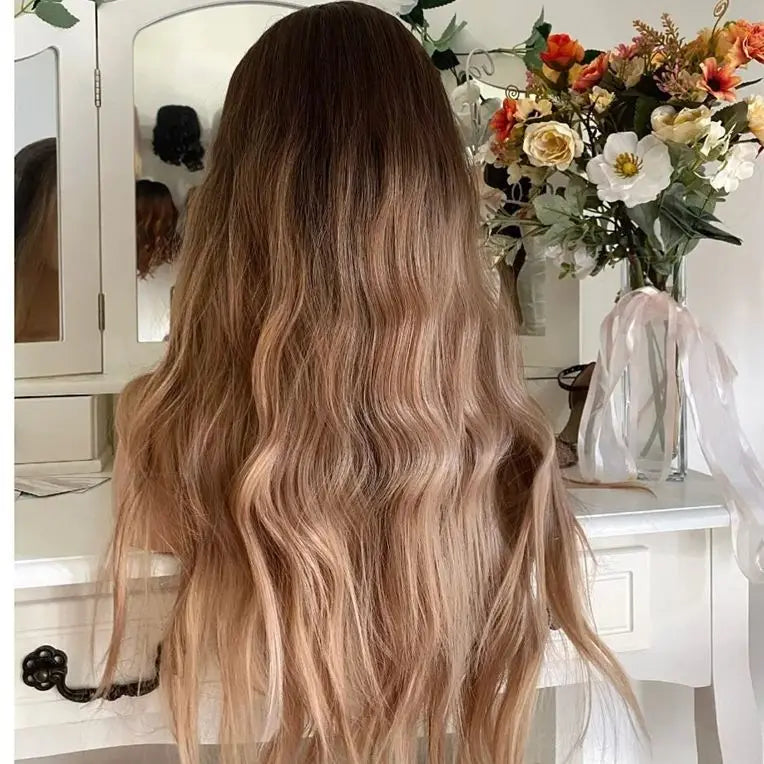 Ombre Honey Blonde Brown Loose Wave Wig Synthetic Lace Front Wig Heat Resistant Fiber Hair Wigs Preplucked Hairline Glueless Wig BeautiMass