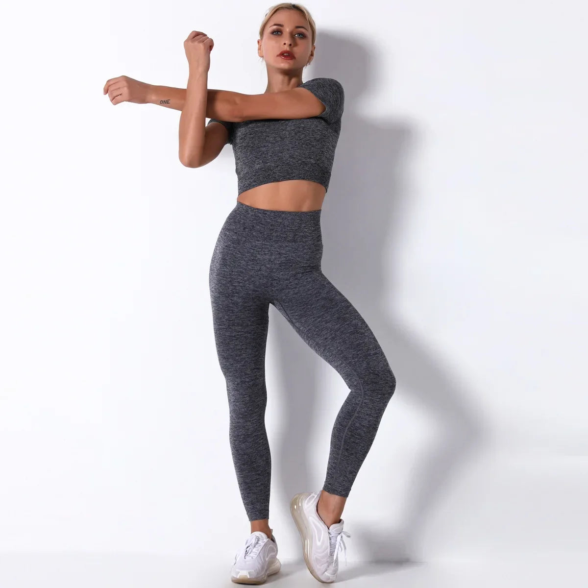 Yoga Sets Gym Women Sport Clothing Short Sleeve Top High Waist Leggings Sports Suit Workout Wear Fitness Suits Sportswear - BeautiMass