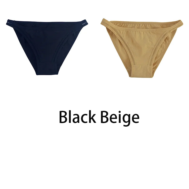 2Pcs/set Women Cotton Panties Mesh Underwear Solid Color Bikini Briefs Underpants - BeautiMass