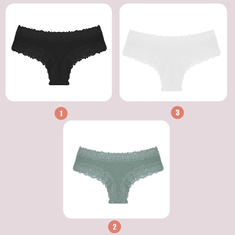 3PCS Lace Seamless Cotton Panties Ribbed Brazilian Low Waist Women Breathable Panties - BeautiMass