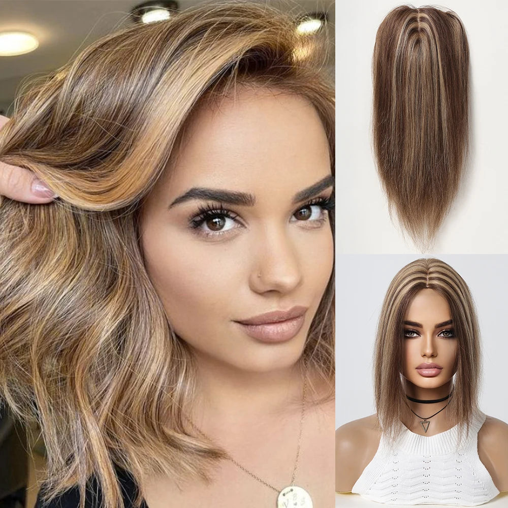 Brown Blonde Remy Human Hair Toppers Silk Base Hairpieces Clips in 12 inches Extensions - BeautiMass