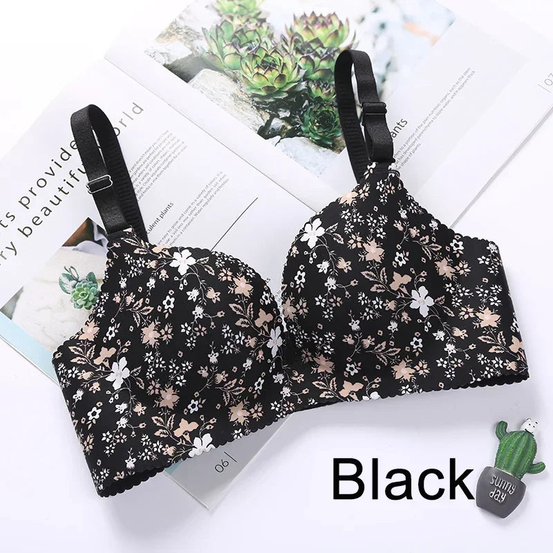 Women Flower Print Seamless Bra Sexy Lingerie Floral Push Up Bras One-Piece Underwear - BeautiMass