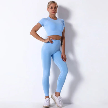 Yoga Sets Gym Women Sport Clothing Short Sleeve Top High Waist Leggings Sports Suit Workout Wear Fitness Suits Sportswear - BeautiMass