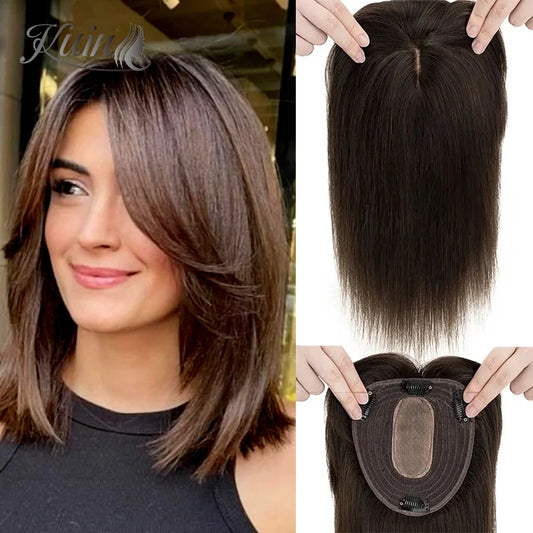 Straight Hair Clip In Human Hair Extension Silk Top Base Topper For Women Toupee Hairpiece Wig 12x13cm Natural Color Top Wig BeautiMass