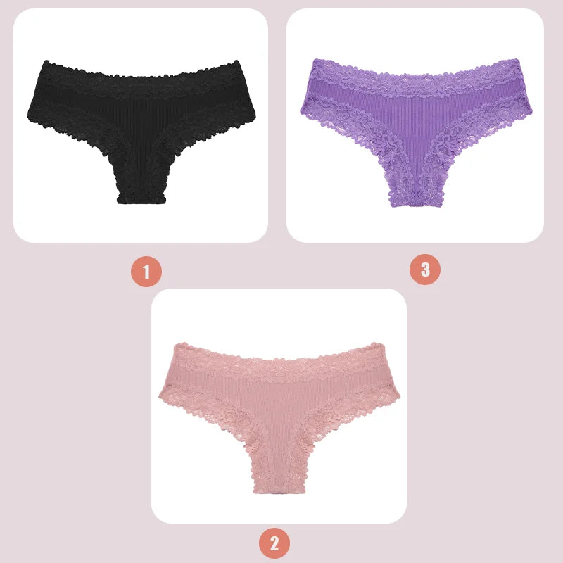 3PCS Lace Seamless Cotton Panties Ribbed Brazilian Low Waist Women Breathable Panties - BeautiMass