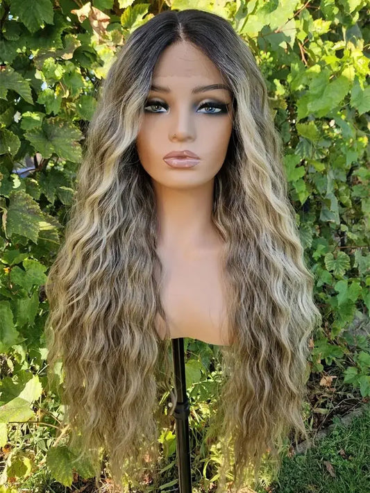 Ombre Ash Blonde Brown Water Wave Lace Front Wig Heat Resistant Fiber Hair Wig Glueless Synthetic Wigs High Quality Women's Wigs BeautiMass