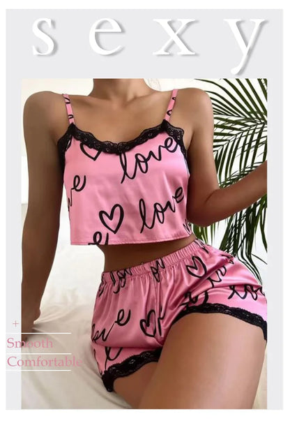 2 Pieces Set Shorts Suit Homewear Print Underwear Pijama Sexy Ladies Sleepwear - BeautiMass