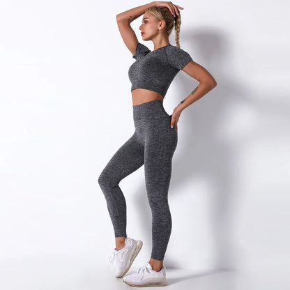 Yoga Sets Gym Women Sport Clothing Short Sleeve Top High Waist Leggings Sports Suit Workout Wear Fitness Suits Sportswear - BeautiMass