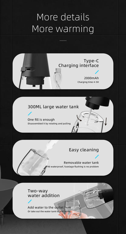 Oral Irrigator USB Rechargeable Water Flosser Portable Dental Water Jet 310ML Water Tank IPX7 Waterproof Teeth Cleaner Travel BeautiMass