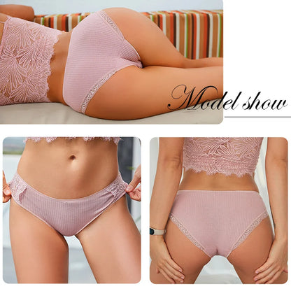 FINETOO 3Pcs/set Women Cotton Low-Rise Underwear Panties Trendy Patchwork Lace Briefs - BeautiMass