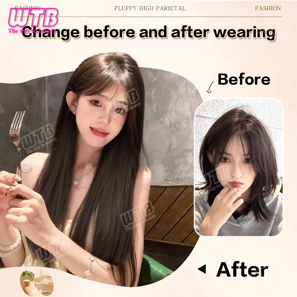 WTB Synthetic Wig Middle Part  Topper Hairpiece with Bangs Clip-In Bangs Extension Natural Invisible Clourse Hairpiece for Women BeautiMass