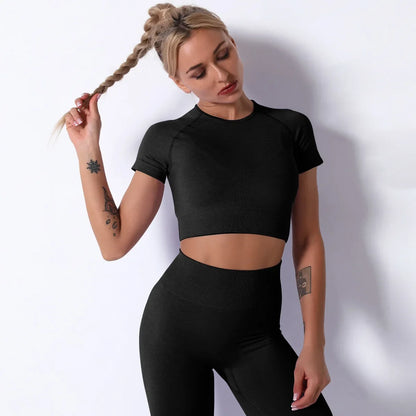 Yoga Sets Gym Women Sport Clothing Short Sleeve Top High Waist Leggings Sports Suit Workout Wear Fitness Suits Sportswear - BeautiMass