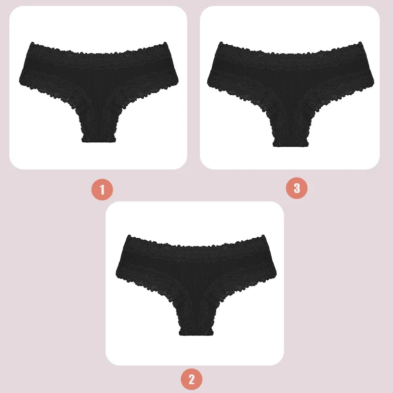 3PCS Lace Seamless Cotton Panties Ribbed Brazilian Low Waist Women Breathable Panties - BeautiMass