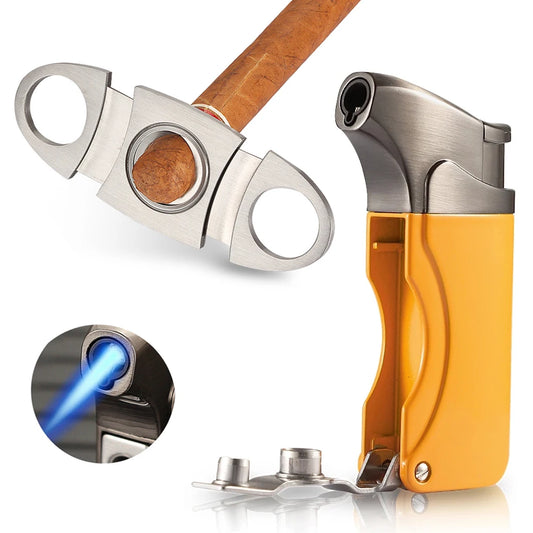 Windproof Butane Lighter Cigar Cutter Accessories Metal Set Gas Torch Lighters - BeautiMass