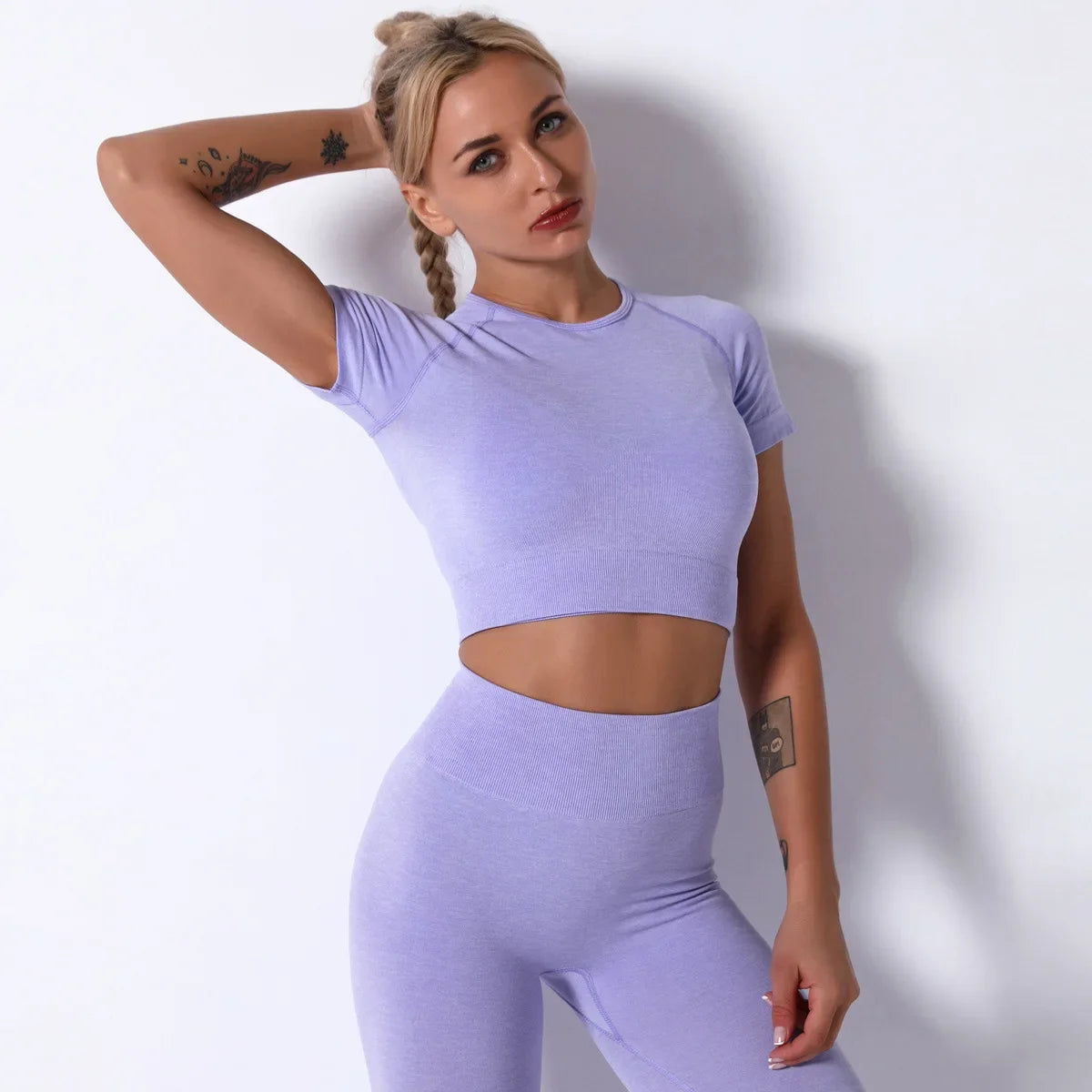 Yoga Sets Gym Women Sport Clothing Short Sleeve Top High Waist Leggings Sports Suit Workout Wear Fitness Suits Sportswear - BeautiMass